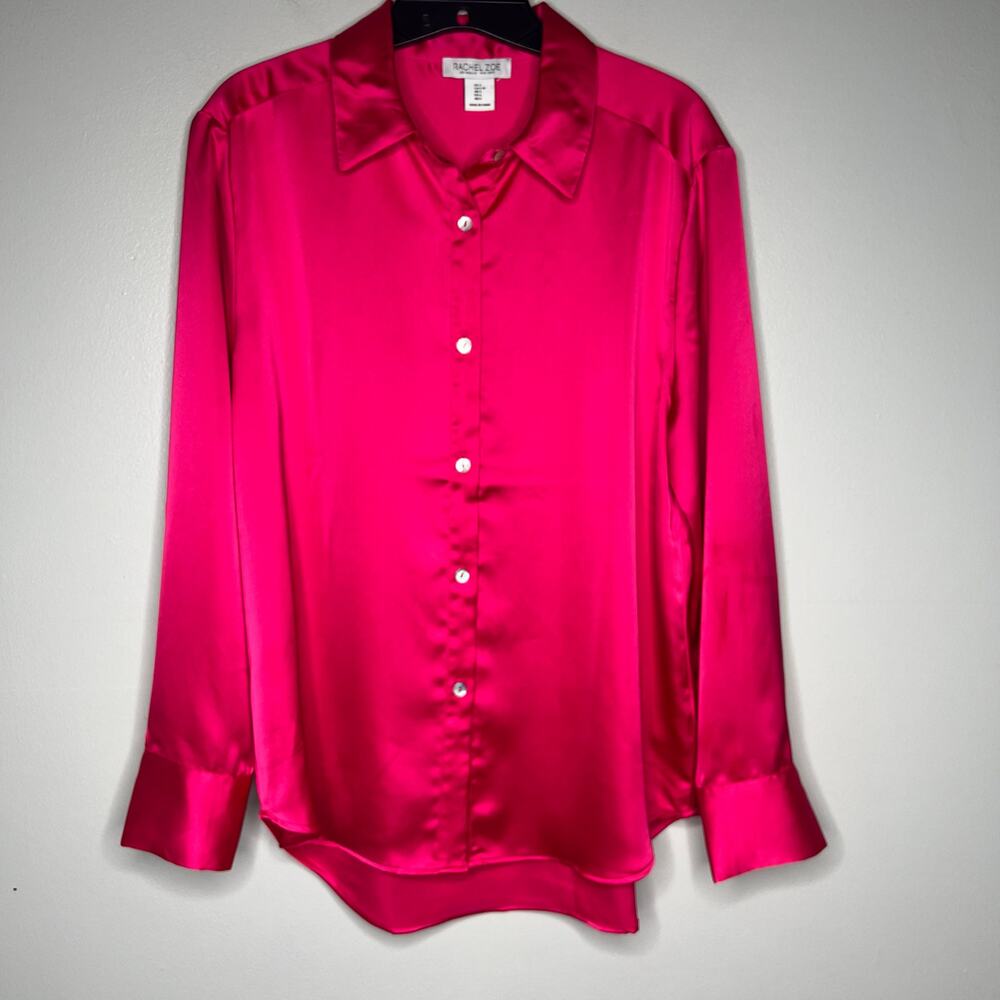 Rachel Zoe Pink Satin Collared Long Sleeve Button Down Blouse L Silky Luxe Glam